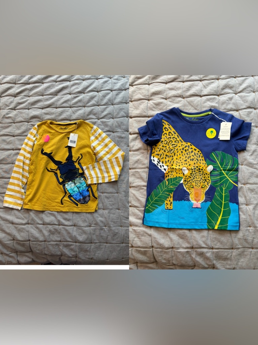 Mini Boden Yellow Stripe Beetle Long Sleeve Tee & Blue Leopard Short Sleeve Tee